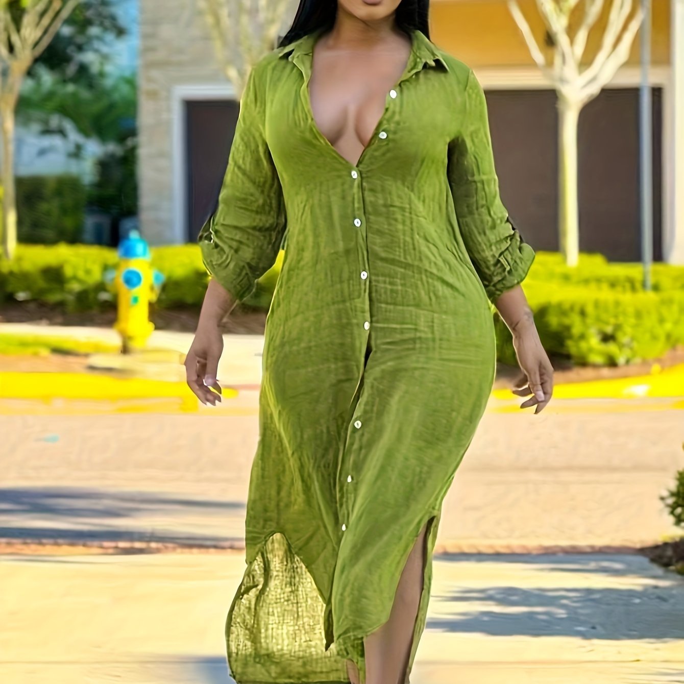 1pc Women'S Casual Solid Color Long Shirt Dress, Polyester Knit Fabric, Lapel Collar, Fitted Style, Spring/Fall Season - SS391137