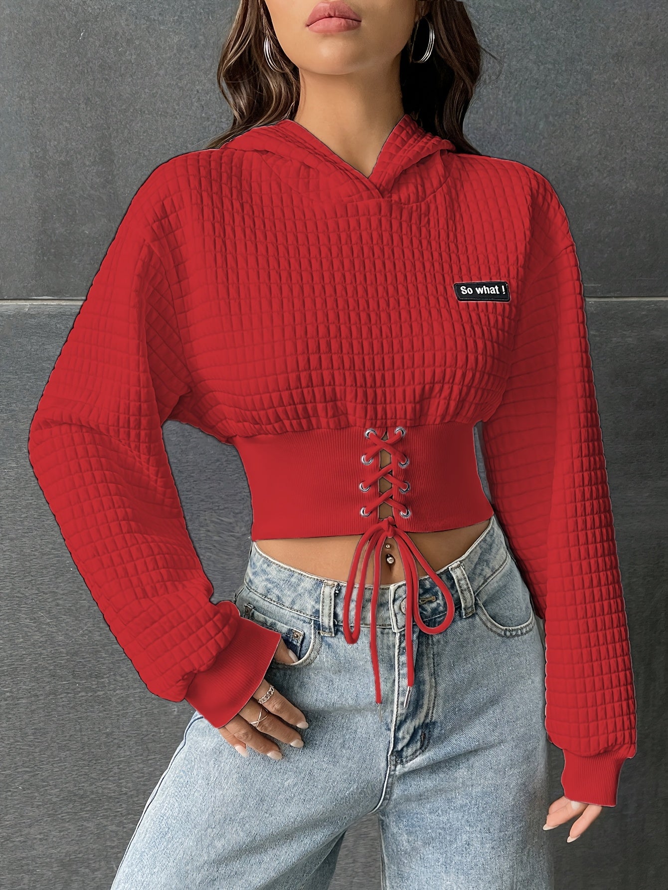 Lace Up Crop Drop Shoulder Hoodie, YOUNG Long Sleeve Hoodies Sweatshirt, Women's Clothing