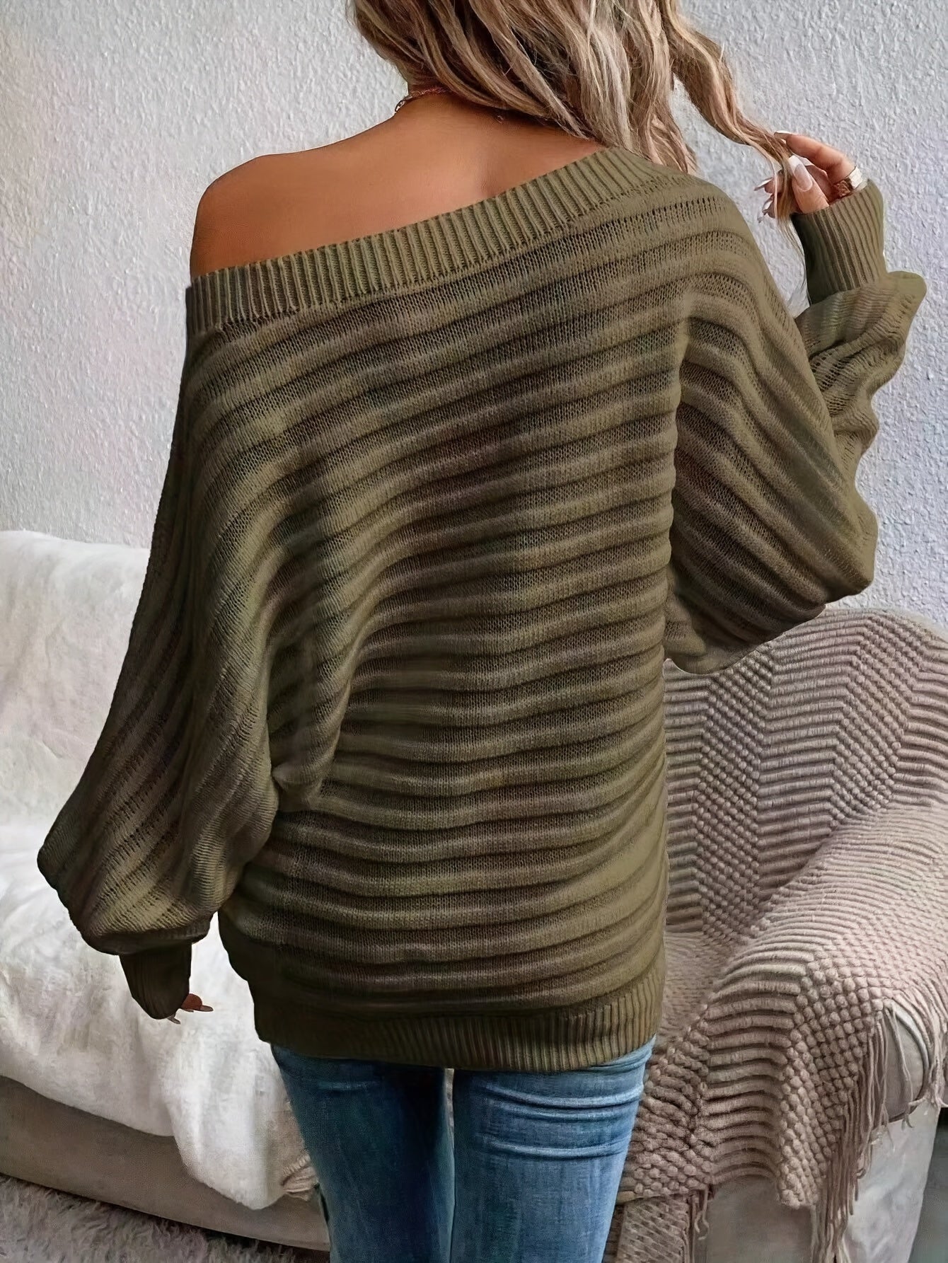Elegant Off-Shoulder Knit Sweater for Women - Chic Solid Color, Cozy Acrylic Pullover with Lantern Sleeves, Casual & Stylish, Perfect for Fall/Winter - Hand Washable
