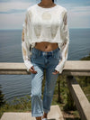 Solid Cut Out Crop Knitted Sweater, Cute Long Sleeve Crew Neck Sweater For Spring & Summer, Women's Clothing