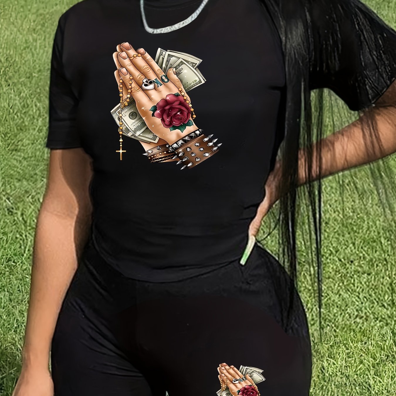 A9600WA46 Plus Size Women'S Casual Two-Piece Set with Round Neck Short Sleeves And Printed Shorts