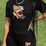 A9600WA46 Plus Size Women'S Casual Two-Piece Set with Round Neck Short Sleeves And Printed Shorts