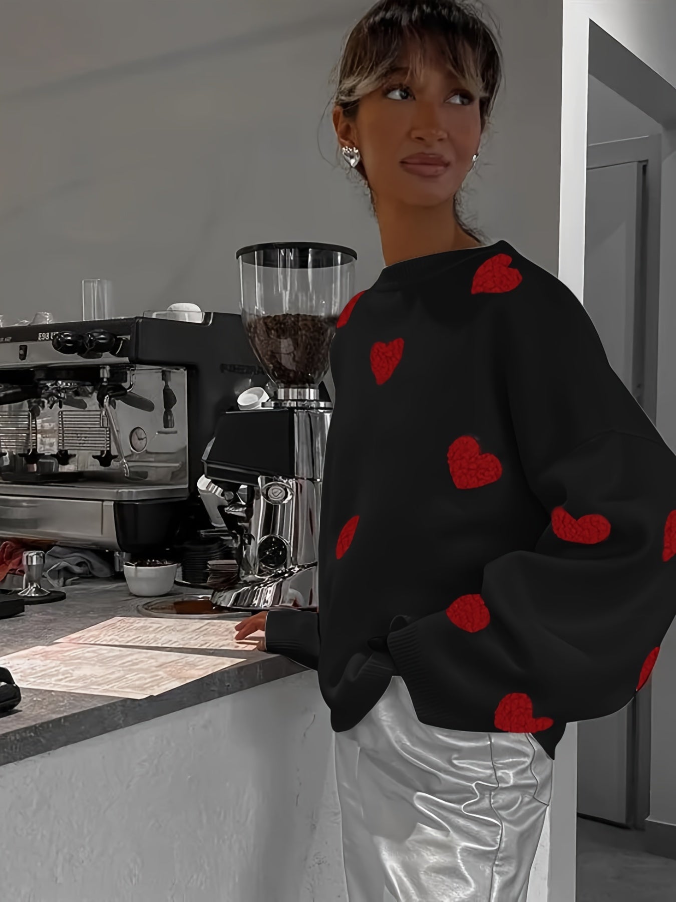 Valentine's Day Heart Pattern Sweater, Casual Long Sleeve Drop Shoulder Sweater, Women's Clothing