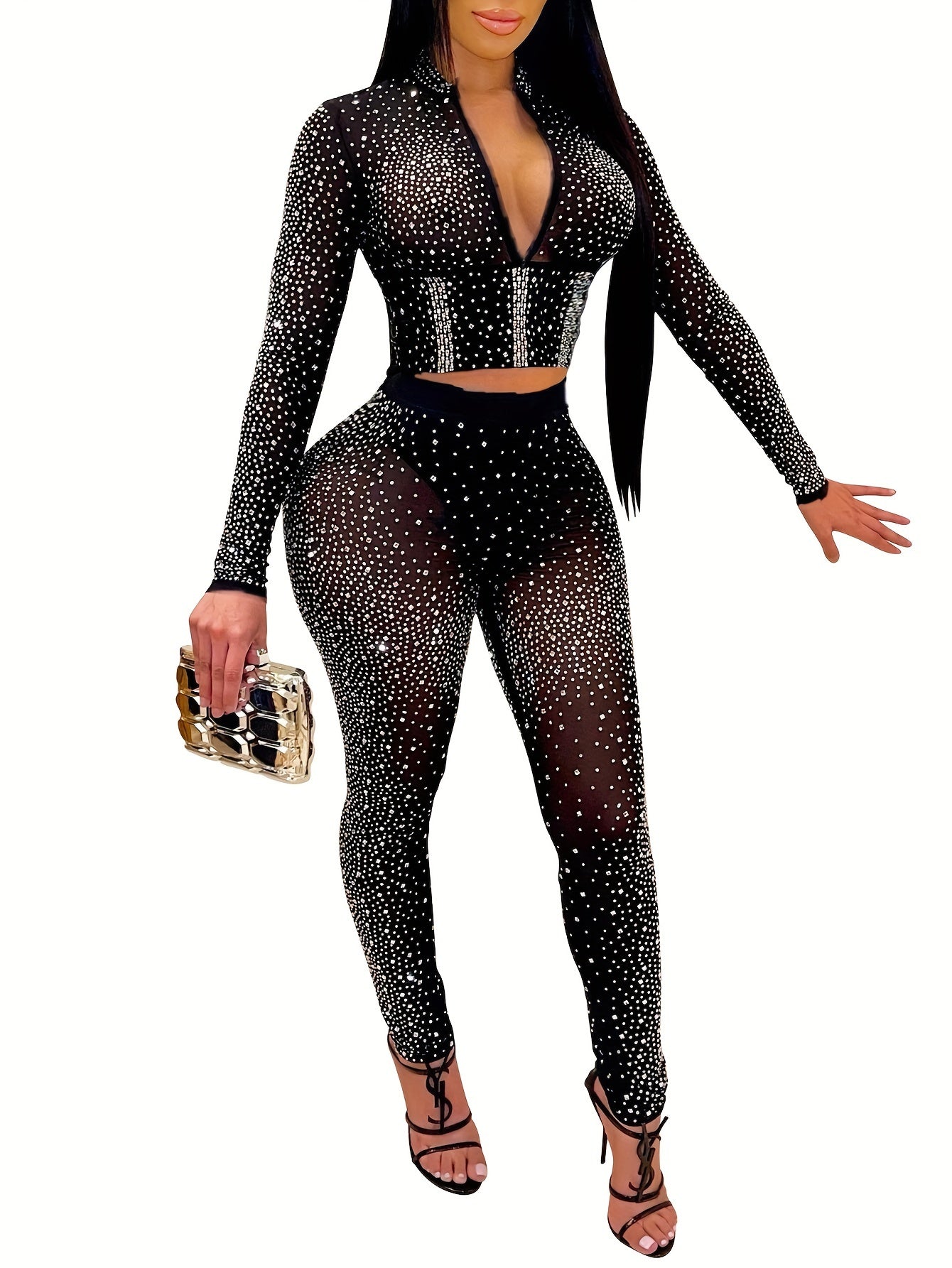Chic Rhinestone-Embellished V-Neck Long Sleeve Top & Pants Set for Women - Sexy, Semi-Sheer Polyester Blend, Perfect for Spring/Summer, Sexy Style, Spring/Summer