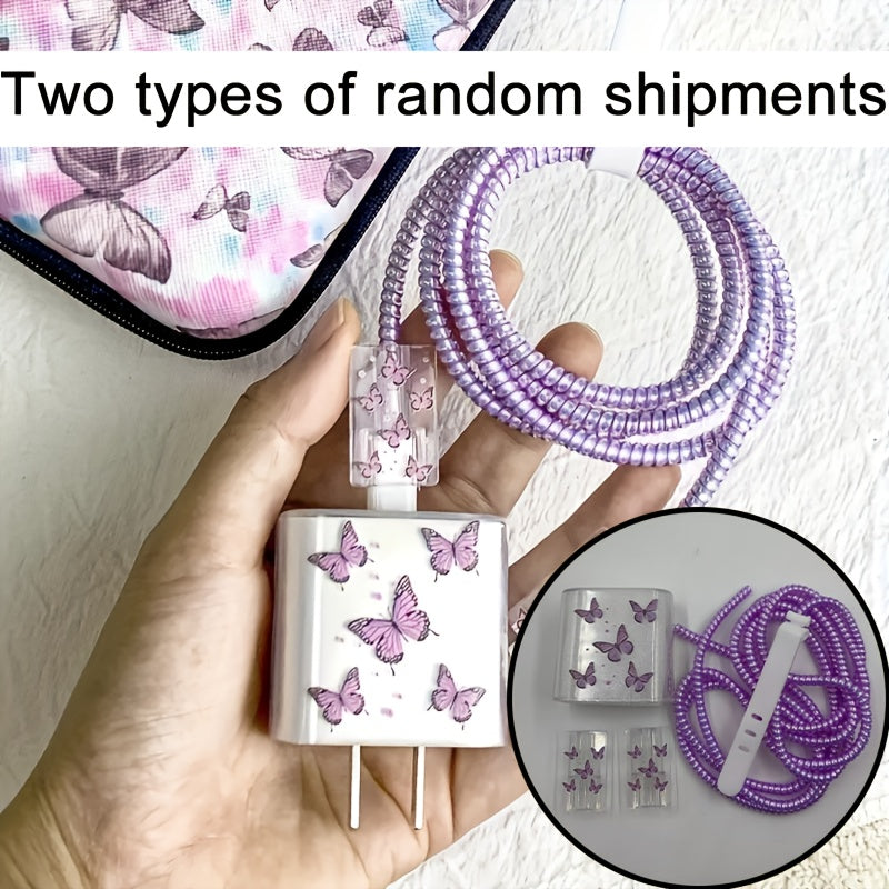 5pcs Purple Butterfly Charger Covers, TPU Protective Cases for iPhone 14 Pro Max, 13/12/11, 18/20W Fast Charging, Cord Wrapping, Anti-Breakage, Gift for Boyfriend/Girlfriend, Phone Accessories