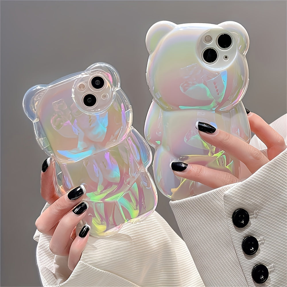 Cute Bear Aurora Laser Transparent Phone Case for iPhone 15 14 13 12 11 Pro Max Plus Luxury Cartoon Bear Clear Soft Shockproof Cover