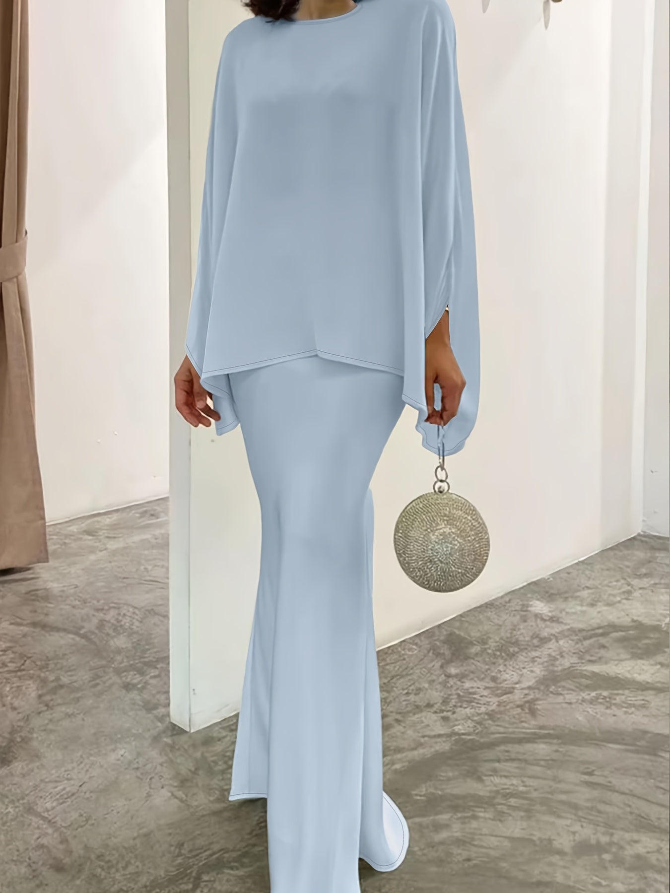 Elegant Light Blue Polyester Skirt Set - Long Sleeve, Round Neck, Flared Leg Design, Machine Washable Women's Fashion Ensemble, Elegant Outfit|Long Sleeve Ensemble|Polyester Fabric