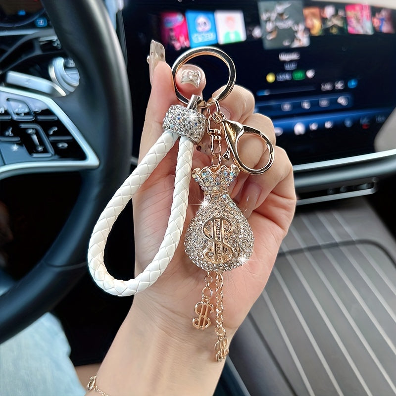 Elegant Alloy & Rhinestone-Encrusted Dollar Sign Keychain with Braided Rope - Sparkling Charm for Car Keys, Bags & Wallets - Ideal Birthday Gift