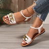 Women's Summer Slide Sandals - White Open-Toe Flats with Golden Chain Detail, Comfortable PU Cover Shoes for Casual Outdoor Wear, Summer Sandals