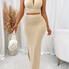 Women'S Elegant Halter Neck Sleeveless Backless Knit Dress and Skirt Set, Solid Color, Slight Stretch Polyester Elastane Fabric, 200g/m², for Spring/Summer