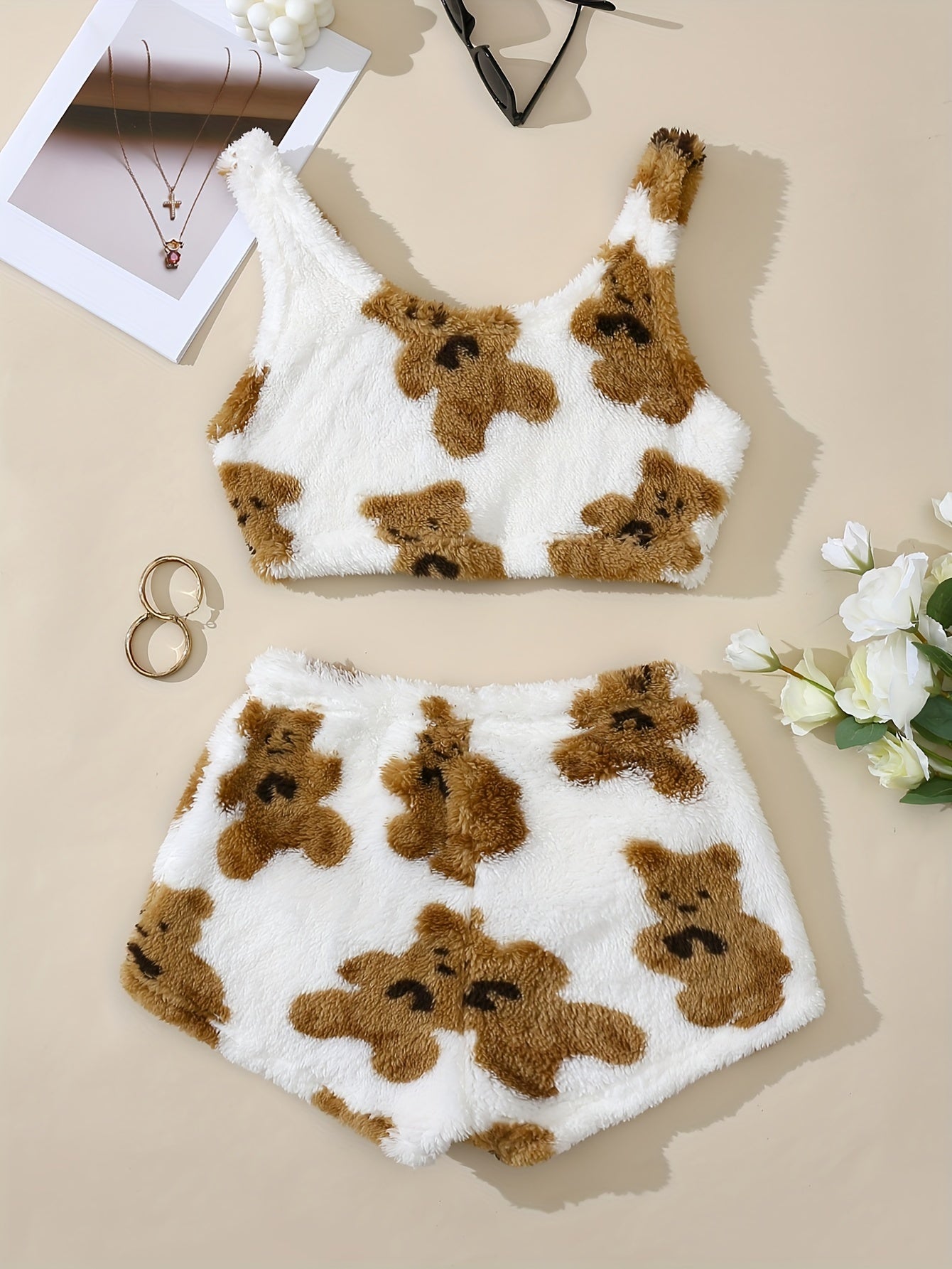Women'S Fuzzy Loungewear Lady'S Pajamas Sleeveless Tank Top and Shorts Plush PJ Set