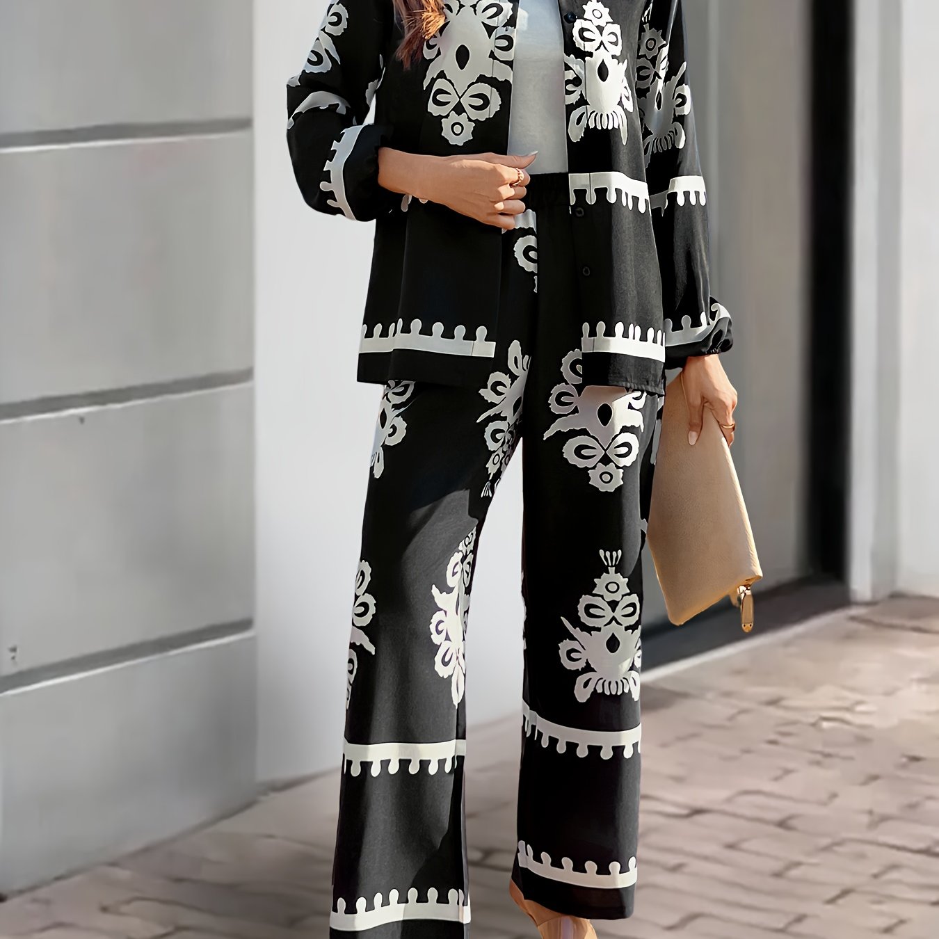 2pcs Elegant Special Set for Women with Random Print Front Button Long Sleeve Top and Pants Casual Suit
