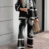 2pcs Elegant Special Set for Women with Random Print Front Button Long Sleeve Top and Pants Casual Suit