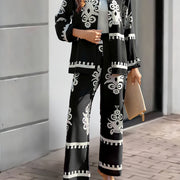 2pcs Elegant Special Set for Women with Random Print Front Button Long Sleeve Top and Pants Casual Suit