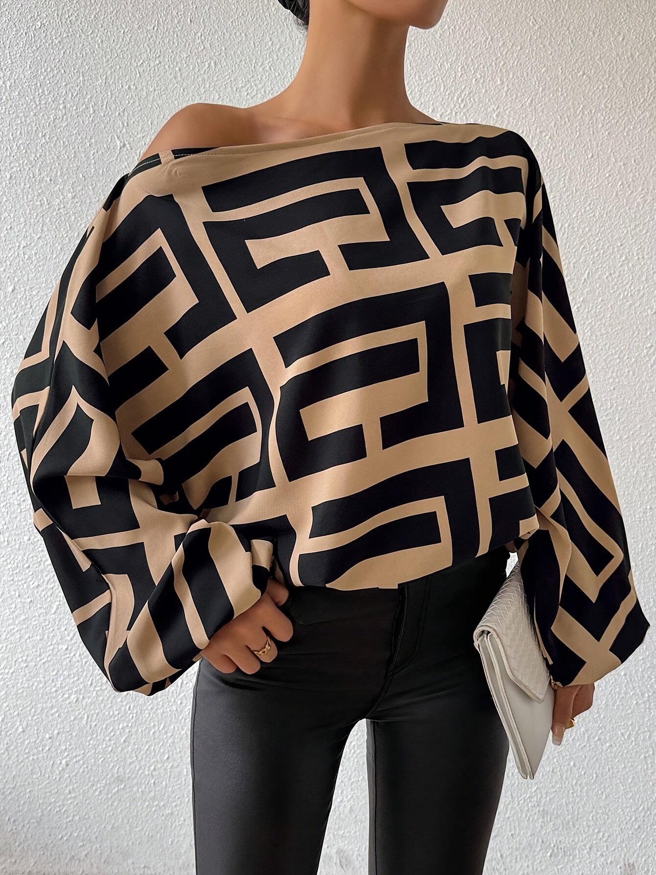 Greek Print One-shoulder Blouse, Elegant Long Lantern Sleeve Blouse For Spring & Fall, Women's Clothing