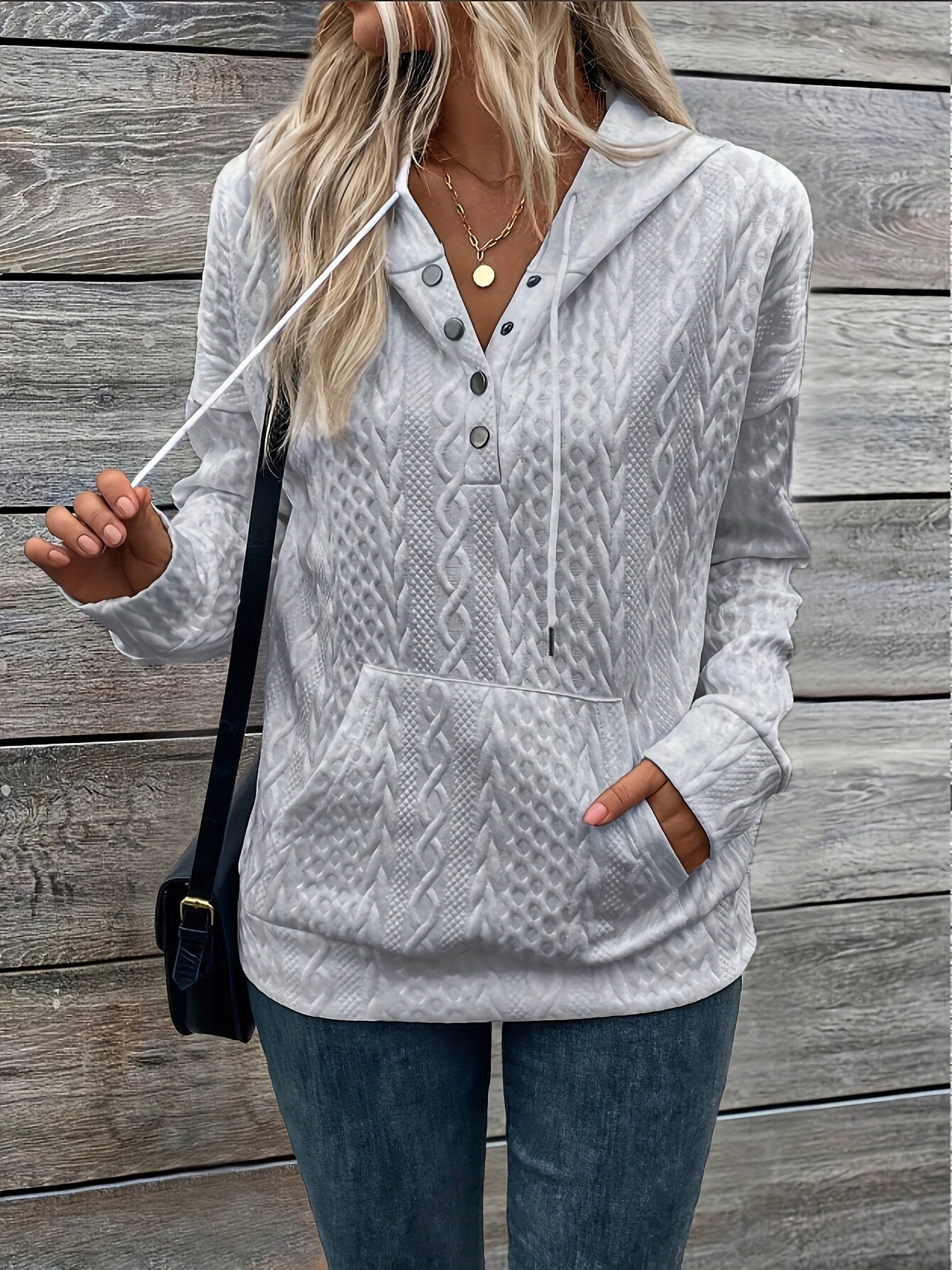 Women's Elegant Pullover Hoodie, Polyester Knit with Cable Pattern, Regular Length, Button Detail, Casual Sweatshirt for Fall/Winter Season