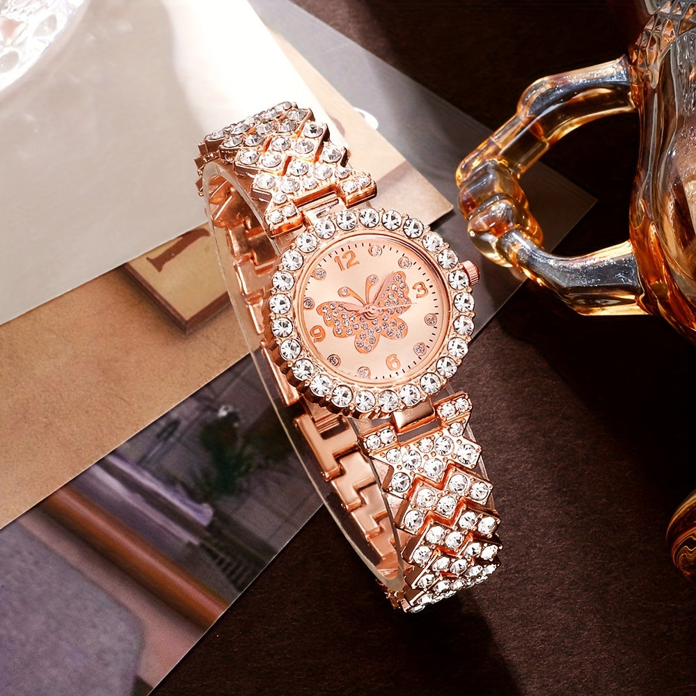 6pcs Women'S Fashion Elegant Quartz Watch, Rose Golden, Zinc Alloy Strap, Round Dial, Zinc Alloy Case, Necklace Earrings Ring Bracelet Gift Set
