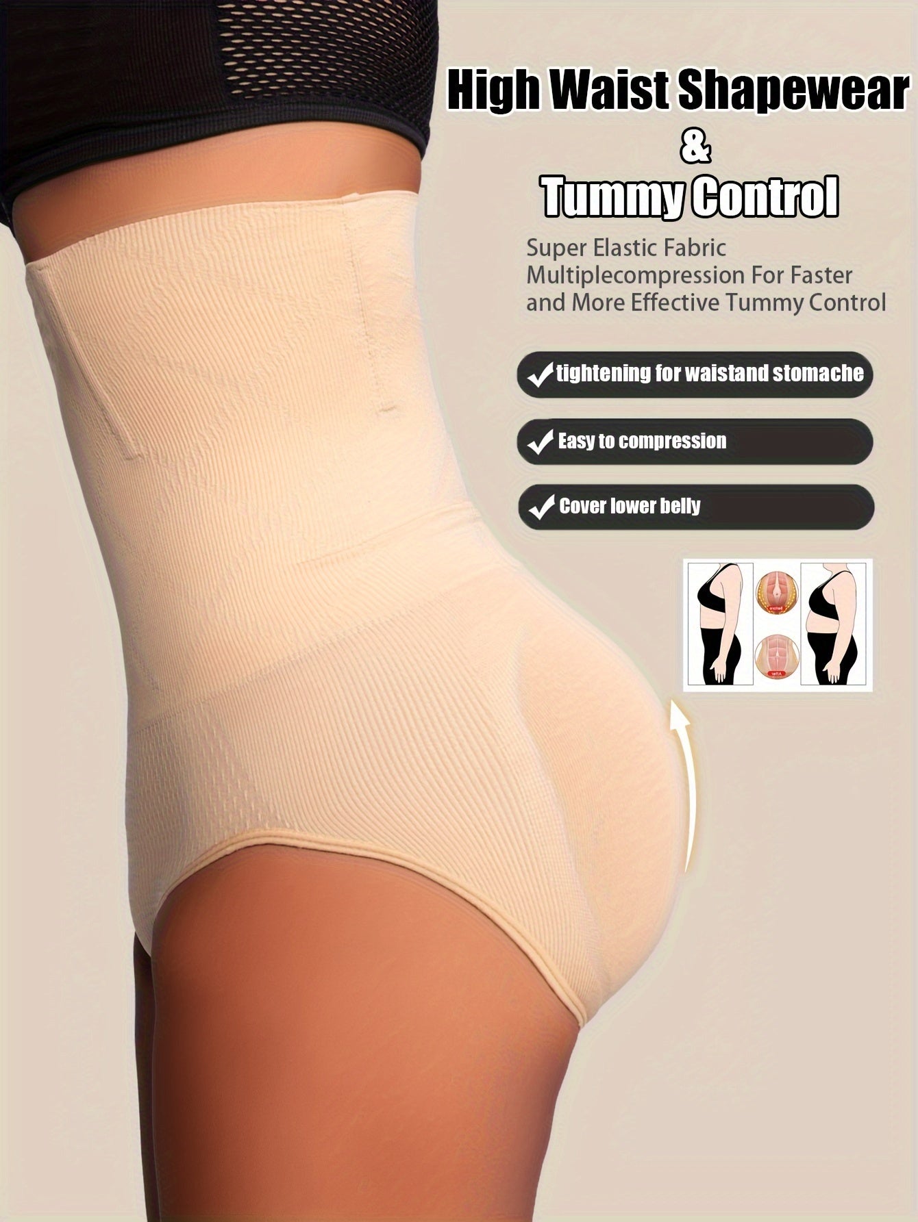 High-Waist Tummy Control Shapewear Panties for Women - Slimming Waist Trainer & Butt Lifter, Breathable Knit Fabric, Spandex/Polyester, Hand Washable, Seamless Design, Solid Beige, Body Shaping Underwear|Seamless Underwear|Br