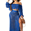 Tassel Trim Hollow Out Sexy Set - Crop Off Shoulder Long Sleeve Top & High Slit High Waist Maxi Skirt - Women's Clothing - For Women - Perfect for Parties & Night Out - Ideal Gift for Her