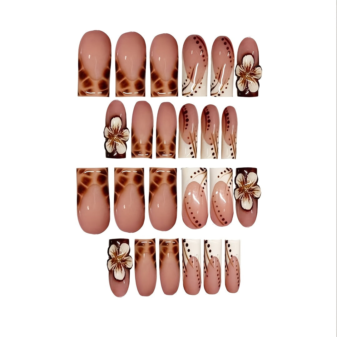 24pcs Press On Nails Set, Full Cover Medium Length, Leopard Print & Colorblock Design, Glossy Finish, with 3D Floral Accents, Includes Nail File and Jelly Glue