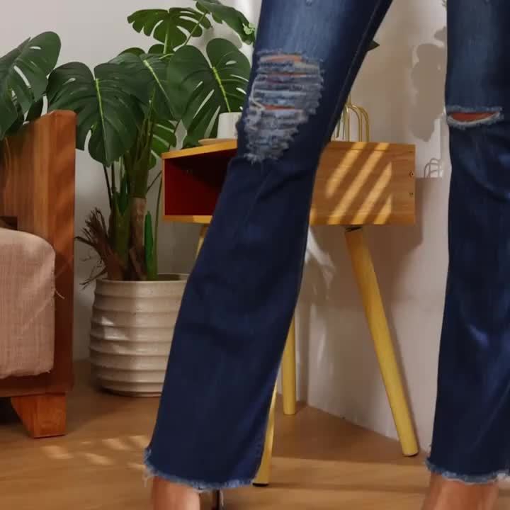 Vegan High Stretch Skinny Jeans, Slim Casual Jeans, Women'S Jeans And Clothing, Elastic Waist Flare Hole Rough Side Plus Size Jeans, Hip Lifting Comfortable Women'S Pants