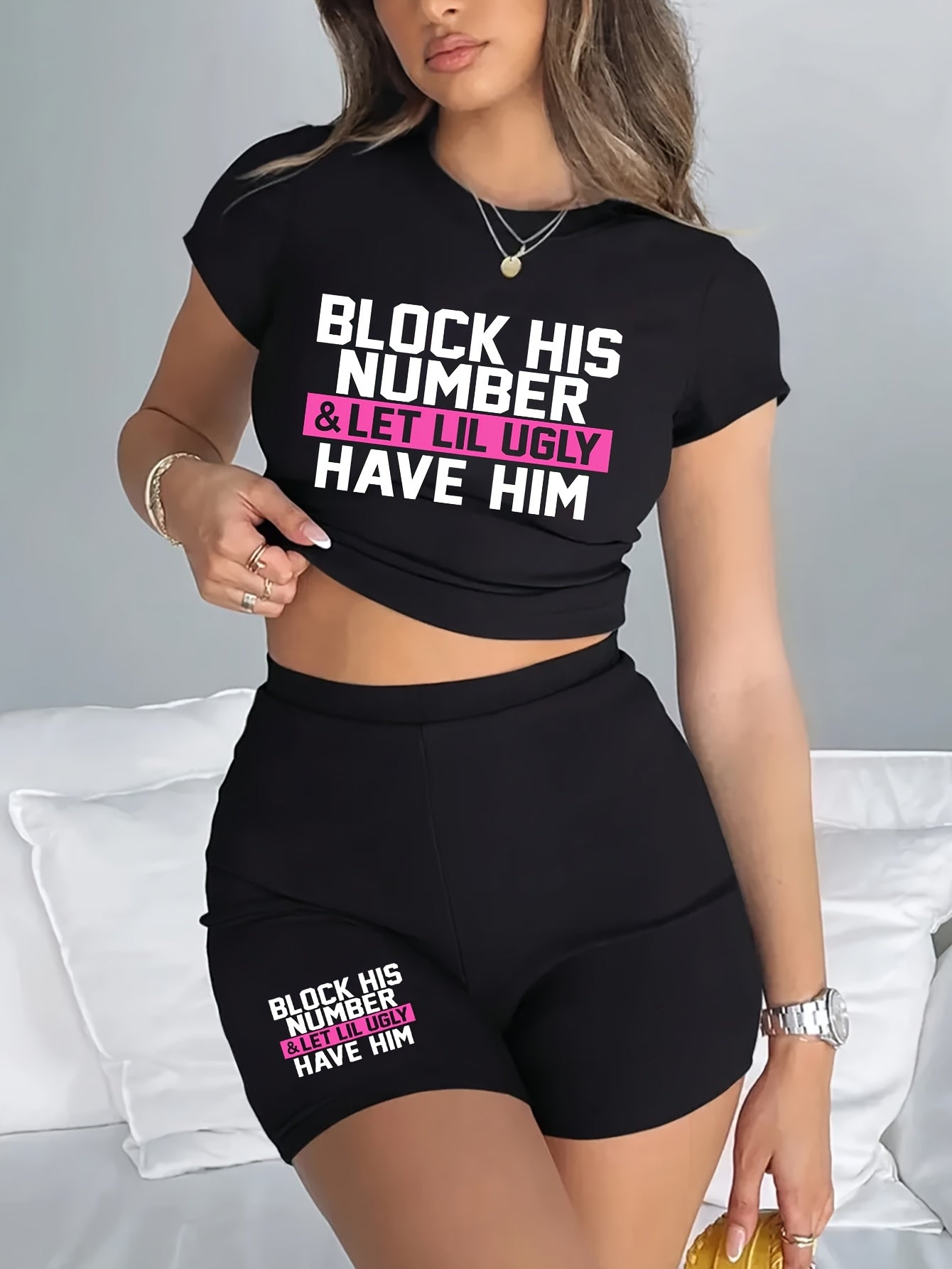 Women'S Casual "BLOCK his Number" Graphic Crop Top and High-Waisted Shorts Set - Black, Spring/Summer Outfit, Polyester Blend, Round Neck, Short Sleeves