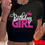 Girl's Birthday Print Crew Neck T-shirt, Casual Short Sleeve Crop Top For Spring & Summer, Women's Clothing