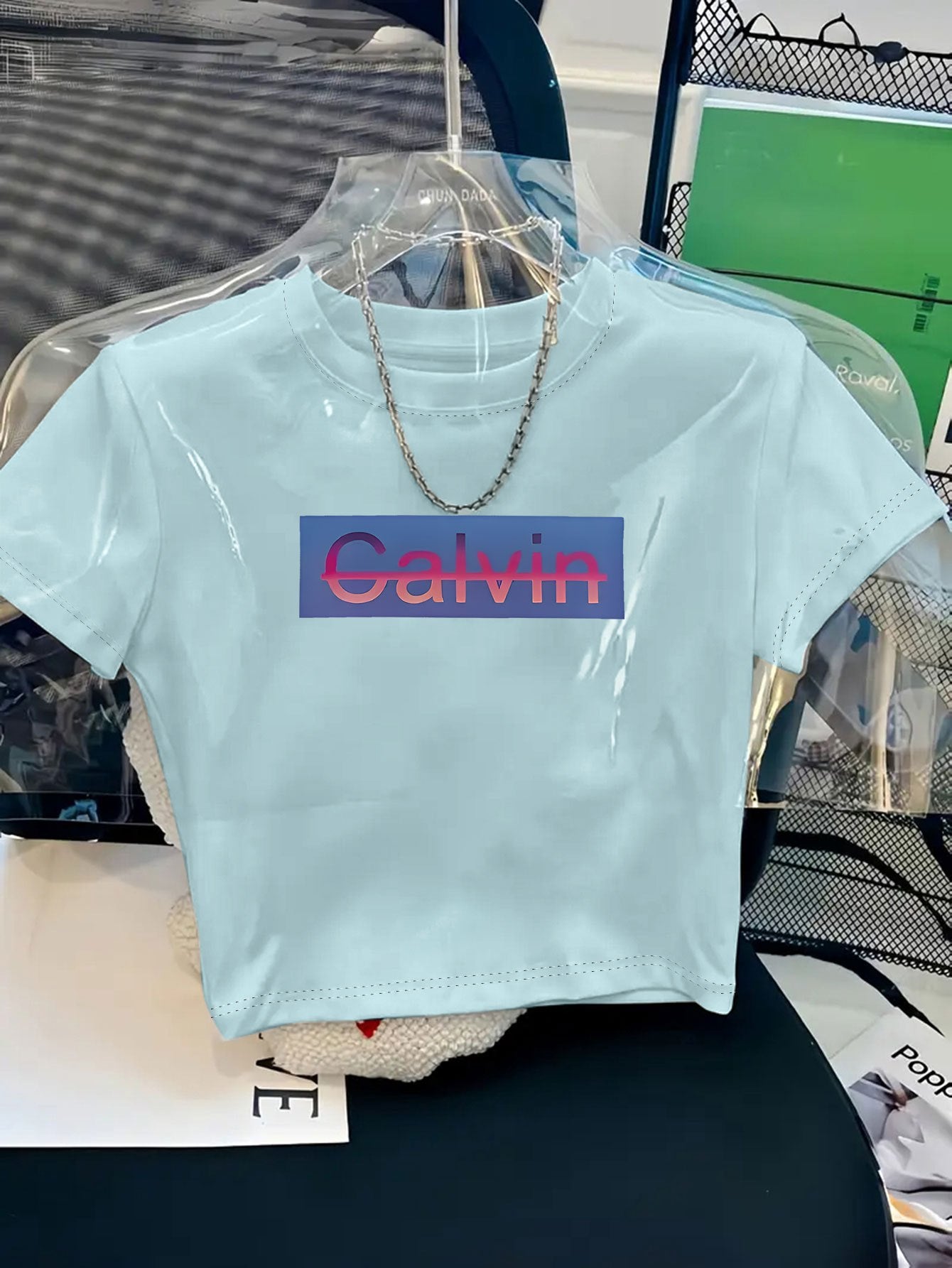 Women's Y2K Style Cropped T-Shirt with Bold CALVIN Monogram Print - Vibrant Red & Blue Lettering, Soft Comfortable Fabric, Machine Washable, Versatile Casual & Dressy Outfits
