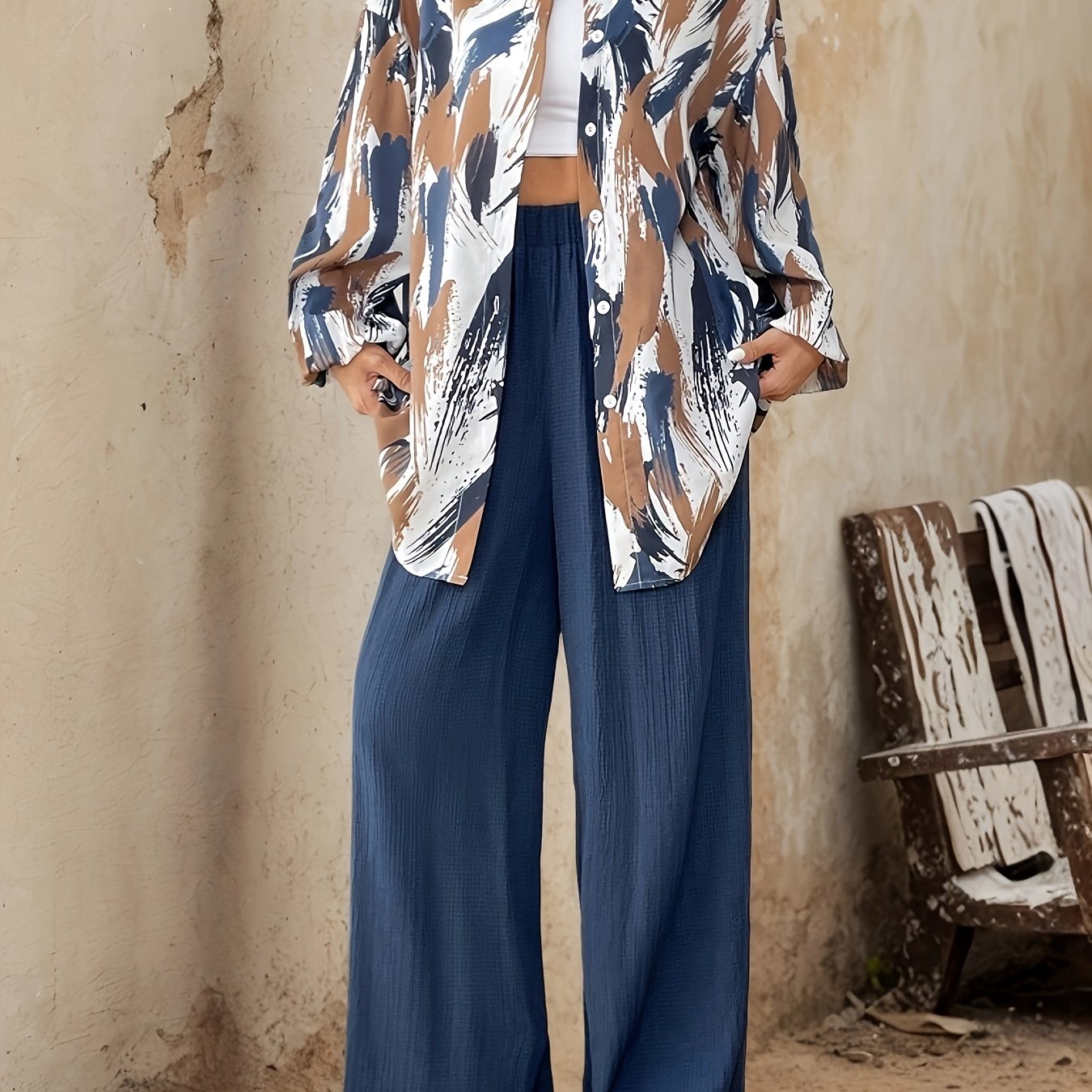Women'S Casual Spring/Summer 2pcs Set - Floral Print Long Sleeve Blouse & Wide-Leg Pants, Button-Up Top with Pockets, White Sneakers, and White Handbag, Casual Attire|Floral Print Top|Buttonup Top