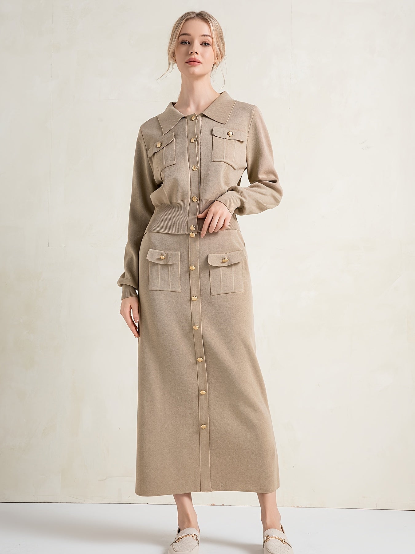 2pcs Women'S Viscose Blend Co-ord Set, Casual Lapel Collar Long Sleeve Knit Sweater and Skirt, Solid Color, Regular Fit, with Fake Button Details