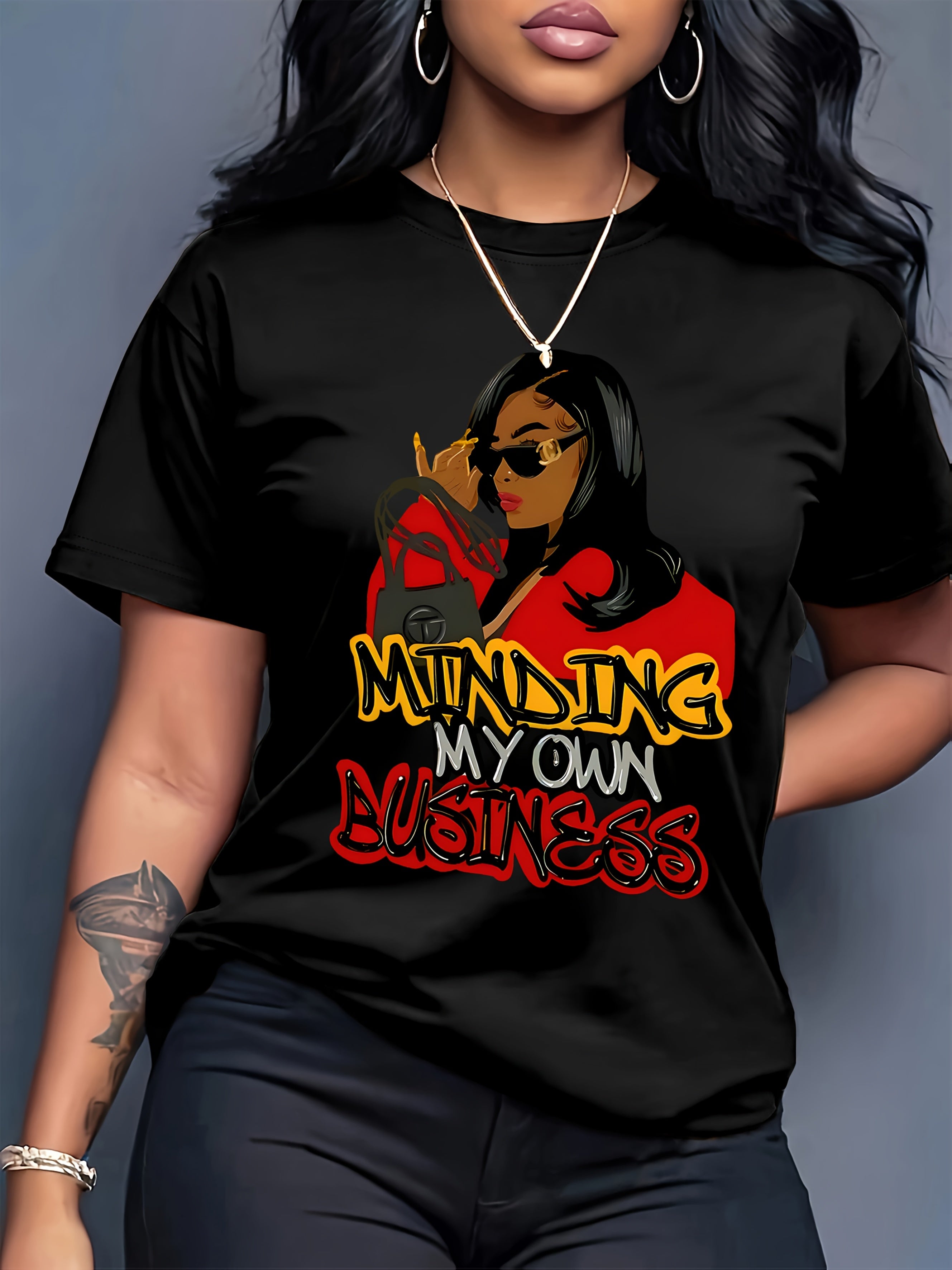[Stylish T-Shirt] Polyester Women's Casual T-Shirt - Stylish Cartoon Character Print "MINDING MY OWN BUSINESS" Design, Machine Washable, All-Season Wear