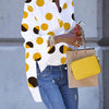 Long Sleeve Elegant Polka Dot Print Shirt - Loose Fit, Dipped Hem, Slit Hem, Machine Washable, Random Printing - Perfect for Spring, Summer, and Fall Seasons