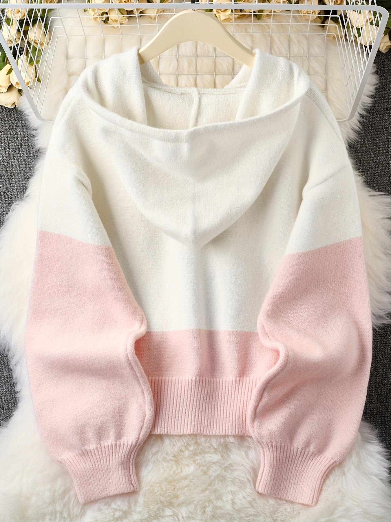 Korean Style Pink Spliced Hooded Sweater for Women, New Spring/Autumn Loose Long-Sleeve Top with Lazy Look