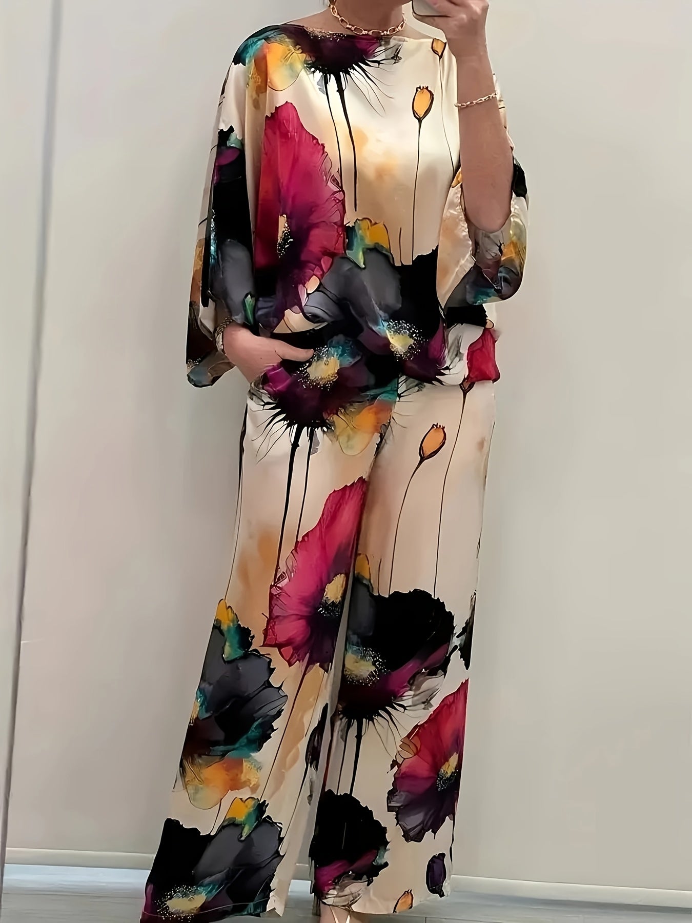 Women's Elegant Floral Print Satin Two-Piece Set: Round Neck Top and Wide Leg Pants