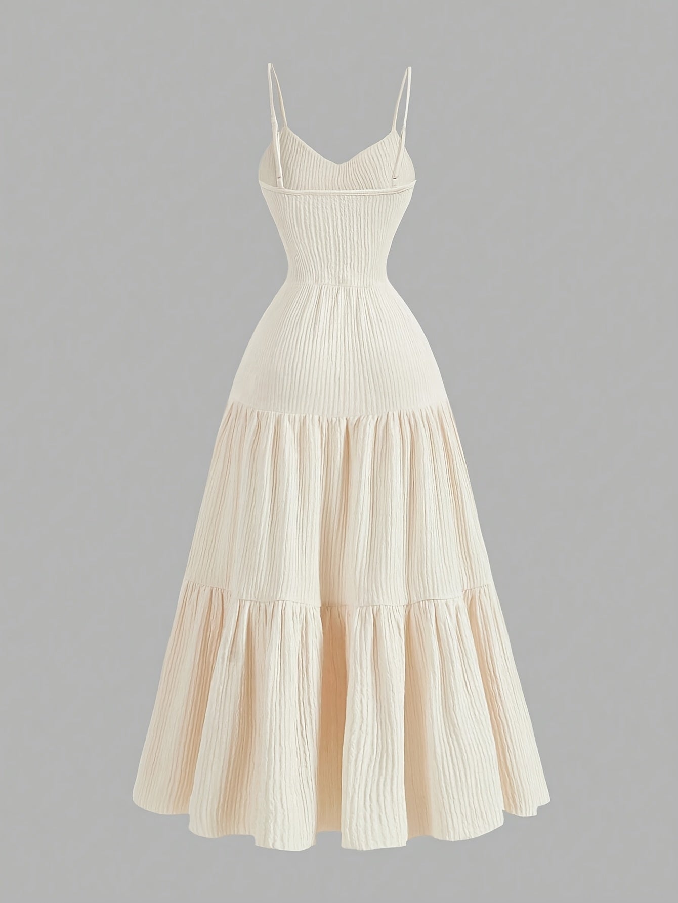 Elegant Apricot Sleeveless V-Neck Midi Dress with Ruffled Waist & Layered Tiered Skirt - Polyester, Machine Washable, All-Season Women’s Fashion