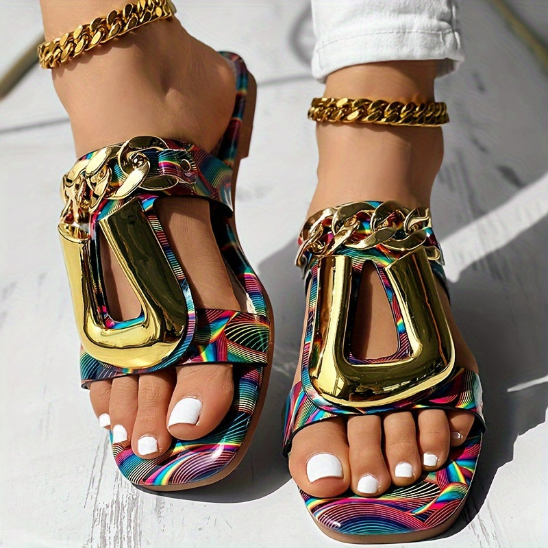 Women's Metal Chain Decor Flat Slides, Square Open Toe Non Slip Slide Sandals, Outdoor Versatile Slides