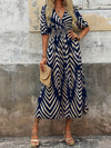 Women's Elegant Vacation V-Neck Midi Dress with Bold Blue & White Chevron Print, Tie Waist, and Half Sleeves - Perfect for Spring/Summer Getaways, Casual Elegance | Aline Silhouette | Stylish Coverup, Vacation Dress