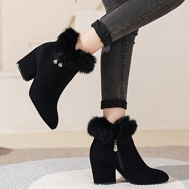 [Autumn Women's Boots] 2024 Autumn And Winter New Women's Short Boots - High Heels, Pointed Toes, Plush Lining, Low-Top Design, Casual And Stylish, Versatile And Comfortable, Elegant