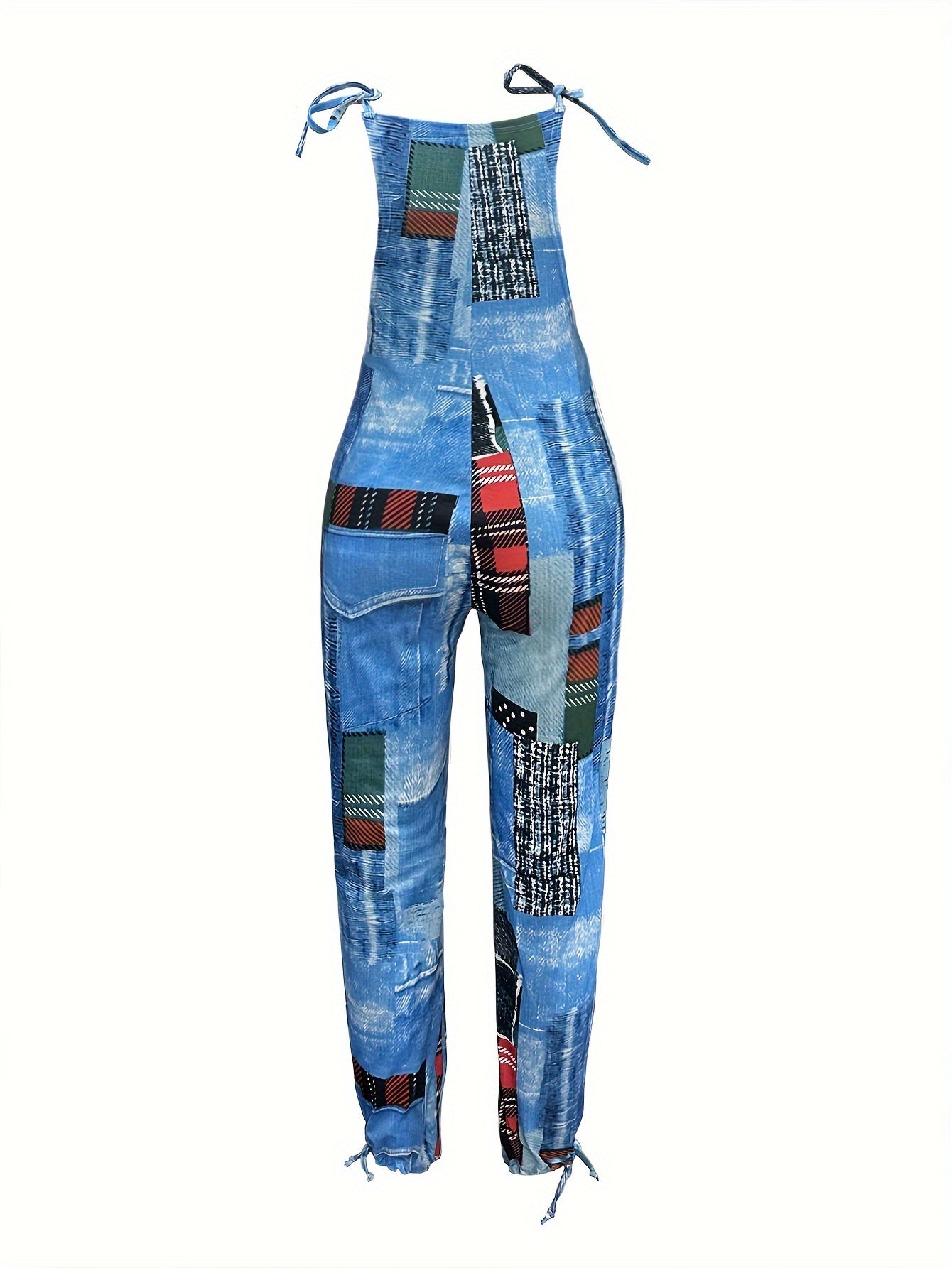 Patchwork Print Faux Denim Print Jumpsuit, Casual Sleeveless Tie Strap Drawstring Jogger Jumpsuit For Spring & Summer, Women's Clothing