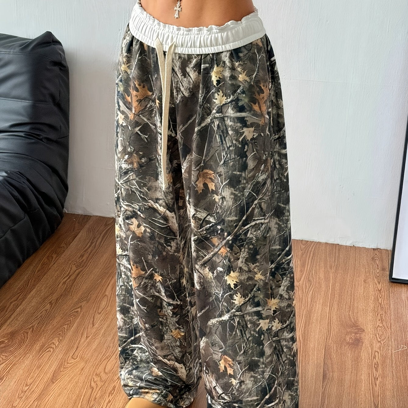 Women's Autumn and Winter Back-to-School Basic Knitted Camouflage Elastic Comfortable Military Green Wide-Leg Sports Pants