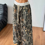 Women's Autumn and Winter Back-to-School Basic Knitted Camouflage Elastic Comfortable Military Green Wide-Leg Sports Pants
