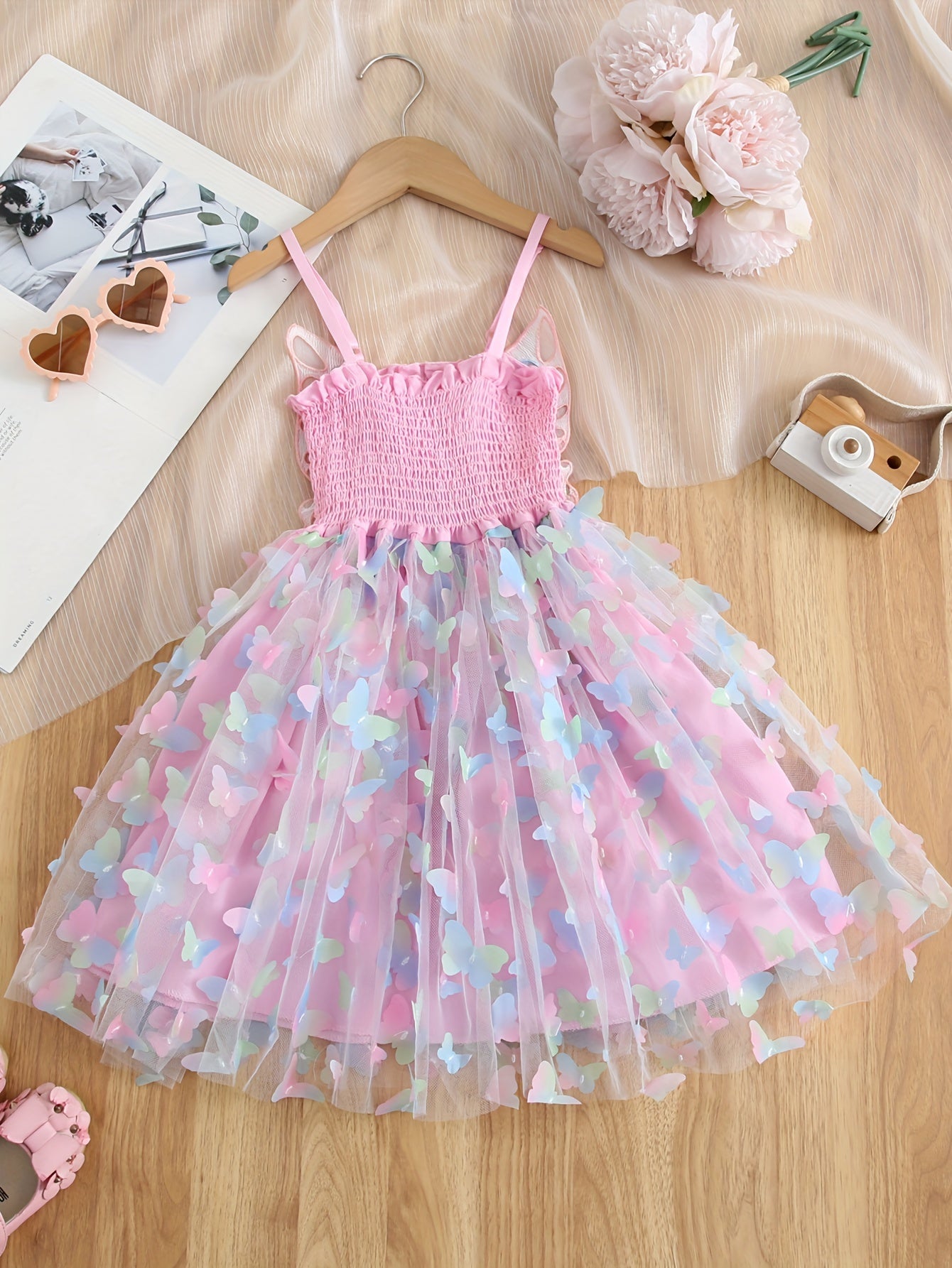 Enchanting Rainbow Butterfly Princess Dress for Girls - Elegant Sleeveless Mesh Tutu with Bow Detail, Perfect for Parties & Birthdays