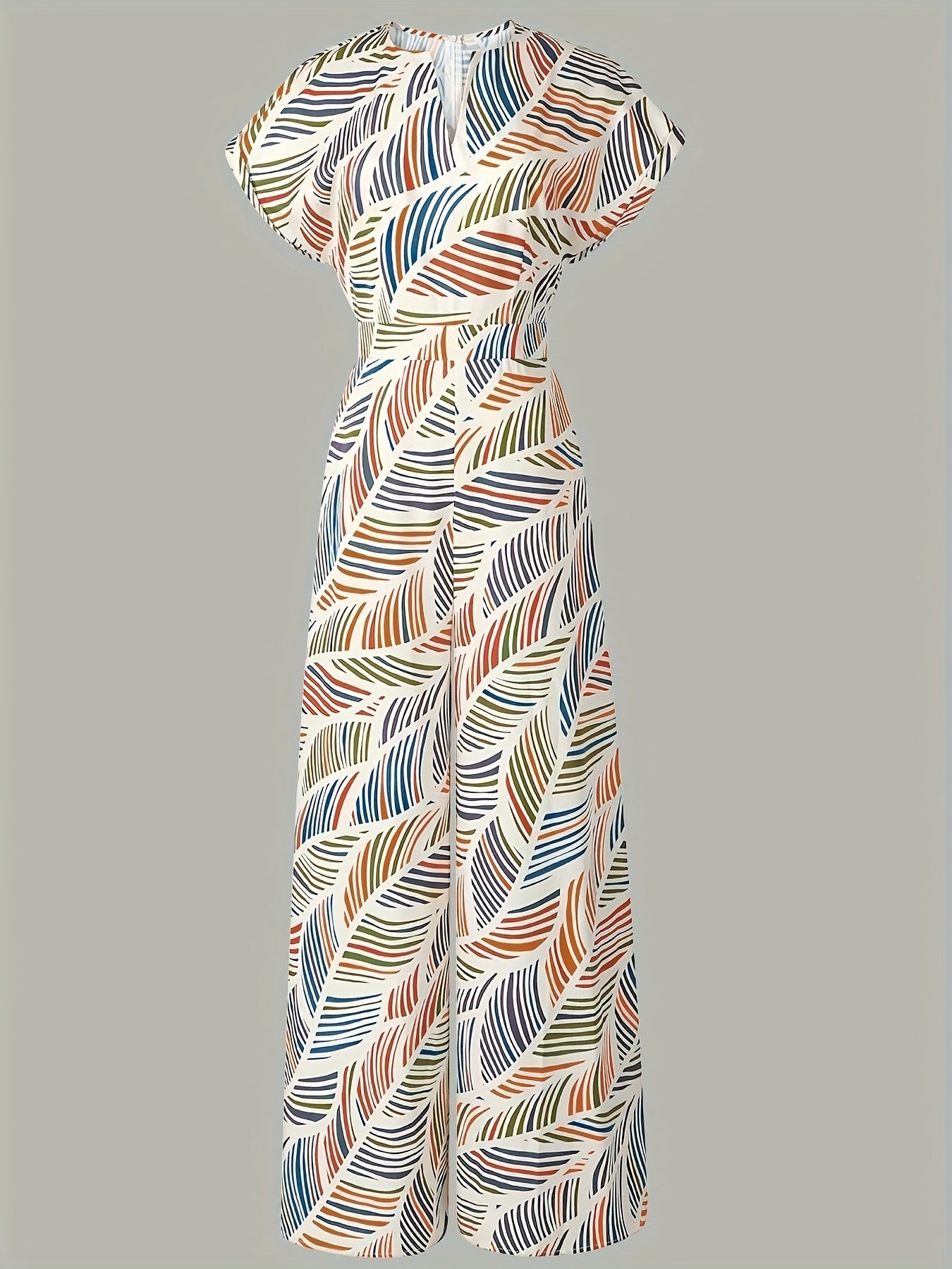 Vibrant Tropical Leaf Print Women'S Jumpsuit - Casual V-Neck, Sleeveless Romper with Matching Overalls, Colorful Abstract Design, Perfect for All Seasons, Allseason Jumpsuit|Vneck Romper|Colorful Abstract Print
