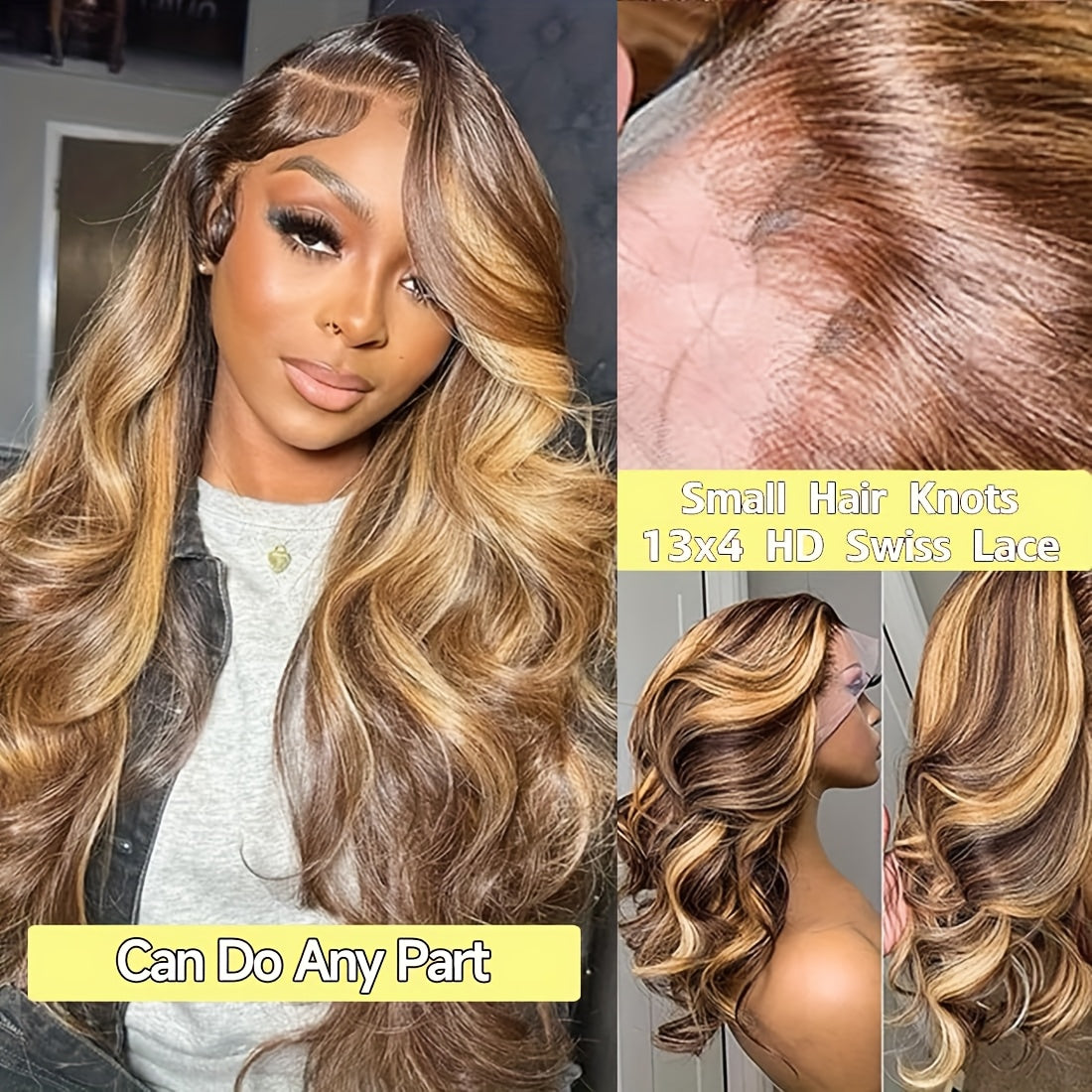Ombre Lace Front Wig Human Hair Realistic 13x4 Frontal Pre-Plucked Body Wave 200% Density P4/27 Highlights for Women - Natural Look & Versatile Styling, Styling Versatility | Sporty Style Wig | Easy Styling Wig, Wig Accessori