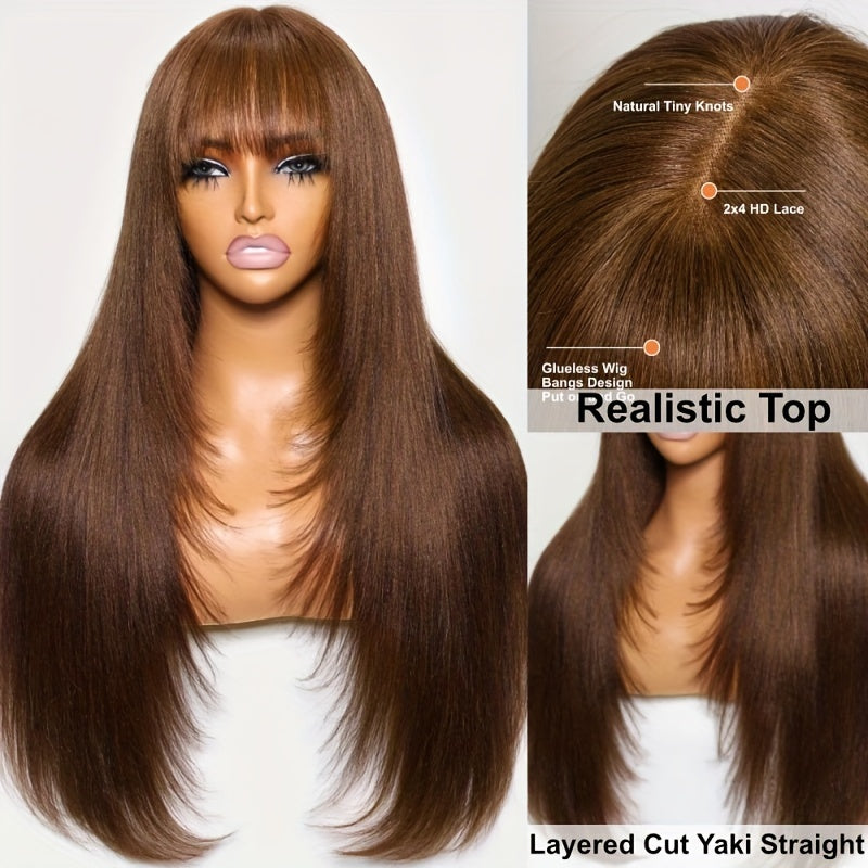 KLAIYI #4 Brown Yaki Straight Human Hair Wig with Bangs & Layered Cut - 100% Brazilian Virgin Human Hair, 150% Density Glueless HD Lace Front, Middle Part, 22.5" Cap Size, Tangle-Free, No Shedding, Air-Dry Friendly for Women