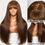 KLAIYI #4 Brown Yaki Straight Human Hair Wig with Bangs & Layered Cut - 100% Brazilian Virgin Human Hair, 150% Density Glueless HD Lace Front, Middle Part, 22.5" Cap Size, Tangle-Free, No Shedding, Air-Dry Friendly for Women