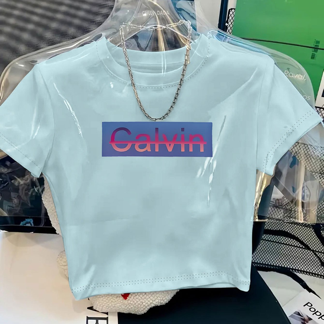 Women's Y2K Style Cropped T-Shirt with Bold CALVIN Monogram Print - Vibrant Red & Blue Lettering, Soft Comfortable Fabric, Machine Washable, Versatile Casual & Dressy Outfits