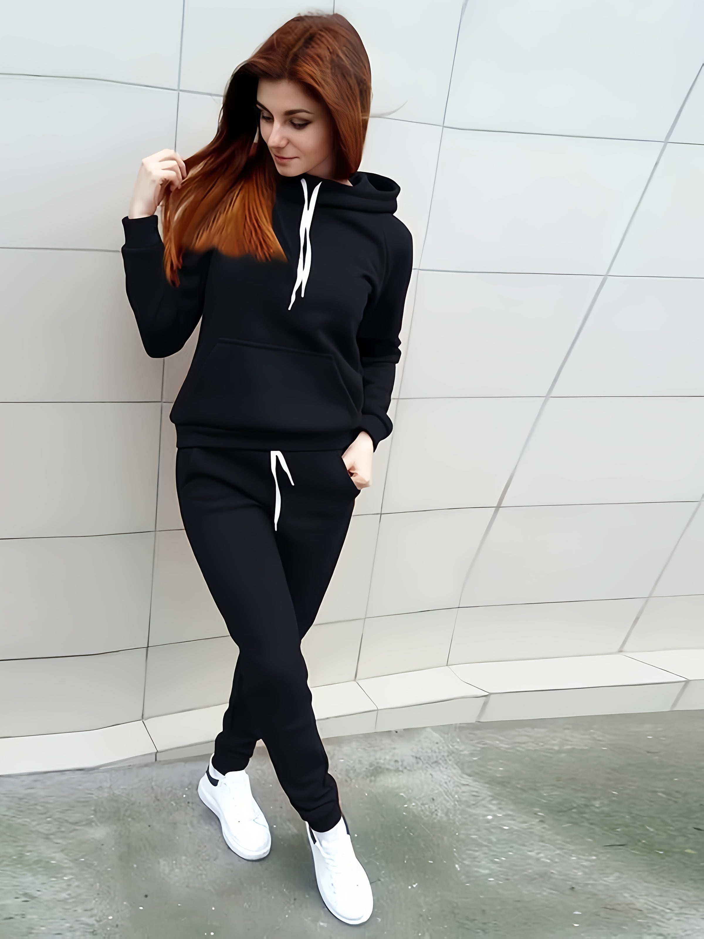 Ladies Fashion Casual 2pcs Red Hoodie, Slim-fit Hoodie, Long Sleeves, With Front Pocket And Adjustable Drawstring Pants, Solid Color Casual Spring/Fall Dress, Los Angeles Style, Gift For Girlfriend