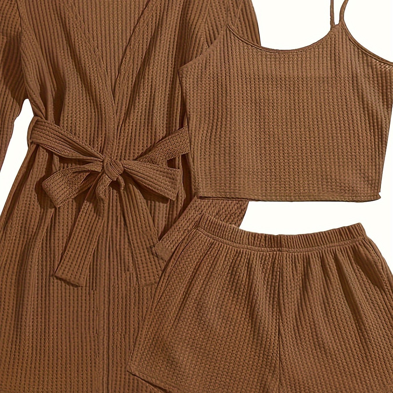 Women's Casual Solid Waffle Lounge Set, Long Sleeve Robe With Belt & Round Neck Backless Crop Cami Top & Shorts, Comfortable Relaxed Fit, Summer Home Wear