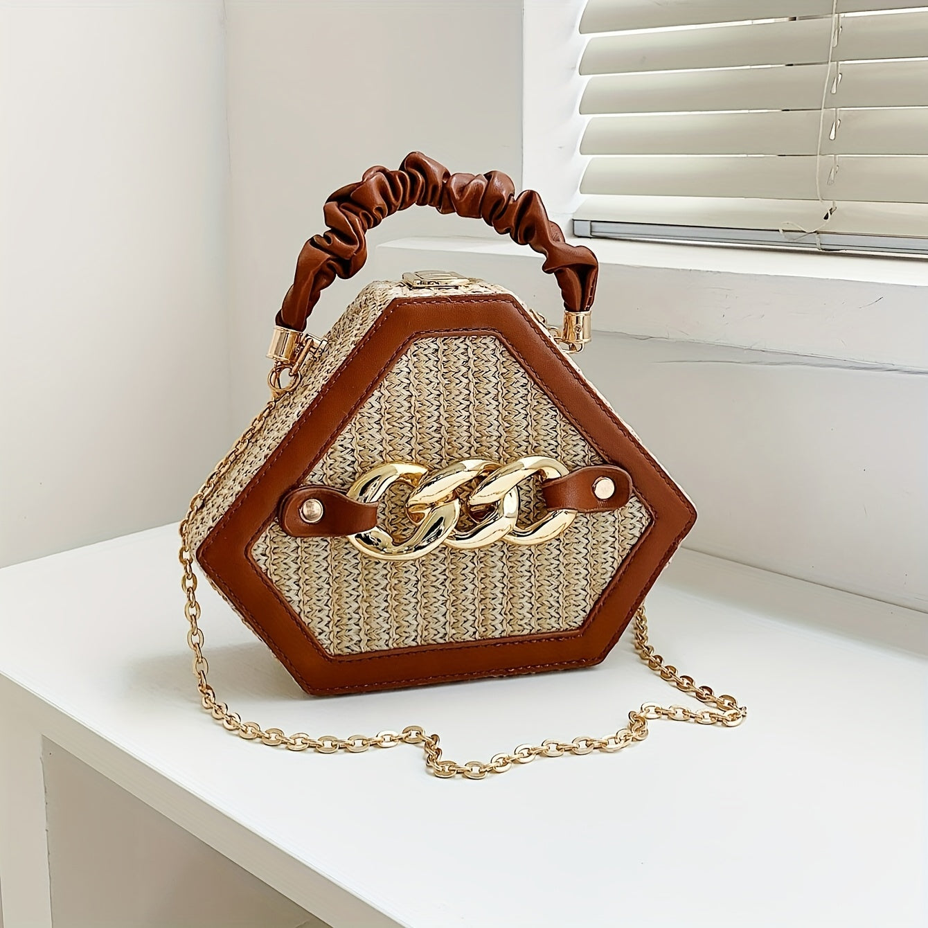Fashion Niche Shaped Satchel Bag, Chain Decor Straw Design Chain Bag, Mini Top Ruched Strap Handbag